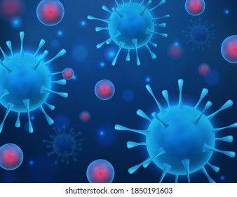 Virus. Various microorganisms, disease round cells and allergy bacteria, pathogenic organisms, infectious lab biological science, blue and red organic 3d macro spheres in liquid vector background