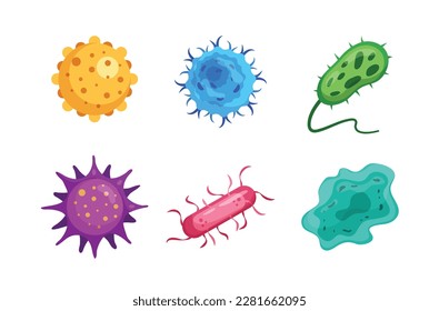 Virus vector bacteria emoticon character of coronavirus infection and flu virus, bacterium or illness in microbiology illustration set of organism emotions isolated.
