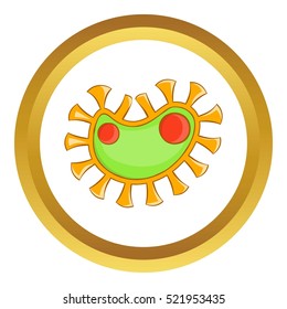 Virus vector icon in golden circle, cartoon style isolated on white background