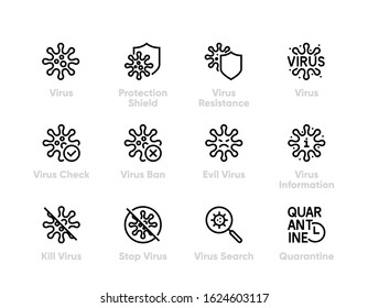 Virus vector icon set. Biohazard, Stop Bacteria, Quarantine Shield Editable line set on white