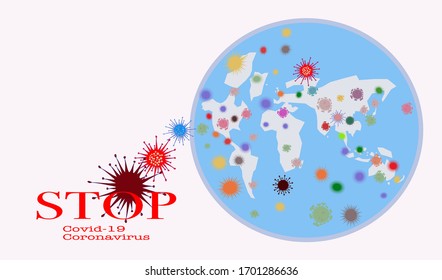 Das Virus-Vektorillustration-Symbol breitet sich weltweit aus, einzeln auf dem Hintergrund mit der Texthaltestelle covid-19 und dem Corona-Virus, einem flachen Vektorillustration-Symbol für Web-Grafik-Design