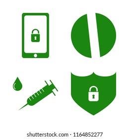 virus vector icons set. with pill, mobile security, syringe and shield lock security in set
