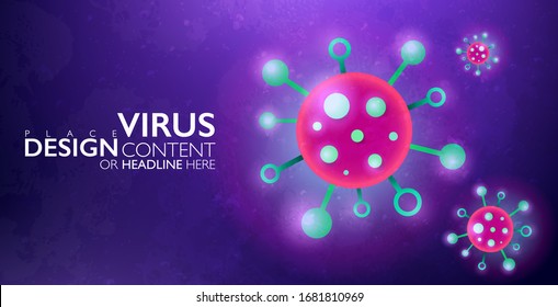 Virus vector illustration. Abstract textured flat art microbe on purple background. Computer virus, medical healthcare and microbiology concept. Banner design template.