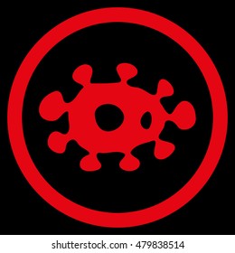 Virus vector rounded icon. Image style is a flat icon symbol inside a circle, red color, black background.