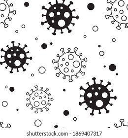 Virus vector seamless pattern with molecules coronavirus. Black flat and outline bacteria isolated on white background. Health illustration