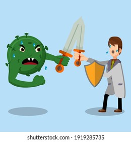 virus versus doctor  with shield and sword cartoon of vector illustration 