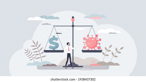 Virus Versus Economy As Pandemic Financial Crisis Choice Tiny Person Concept. Scale Measurement With Health And Money On Weights Vector Illustration. Difficult Business Policy Risk Choice Comparison.