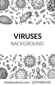 Virus vertical background in sketch style. Hand drawn bacteria, germ, microorganism. Microbiology scientific design. Vector illustration in sketch style