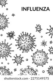 Virus vertical background in sketch style. Hand drawn bacteria, germ, microorganism. Microbiology scientific design. Vector illustration in sketch style