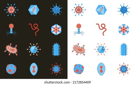 Virus Viruses Icon Set Biology Biotechnology Medicine Phage, Herpes, Monkeypox, Adenovirus Pathogen Germs, Red And Blue Illustration, Science Microscopy Virion Vector