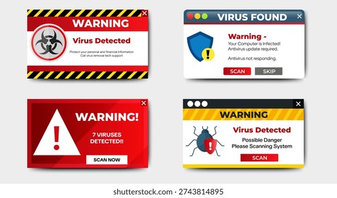 Virus warning alert icon notification set. pop up banner box. vector