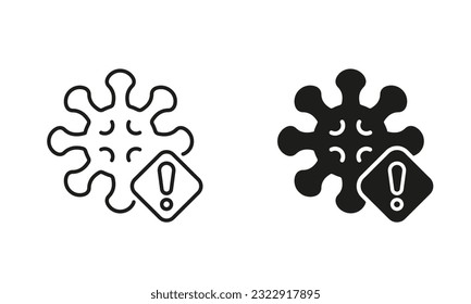 Virus Warning Alert Line and Silhouette Icon Set Bacteria and Warning Symbol Collection. Infection Alert Sign. Exclamation Mark and Health Danger Pictogram. Isolated Vector illustration.