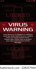 Virus warning interface pop up alert on phone screen. Vector GUI illustration.