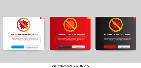 Diseño de interfaz de usuario de notificación de advertencia de virus. Diseño de Anuncio de peligro con fondo negro y amarillo. Vector