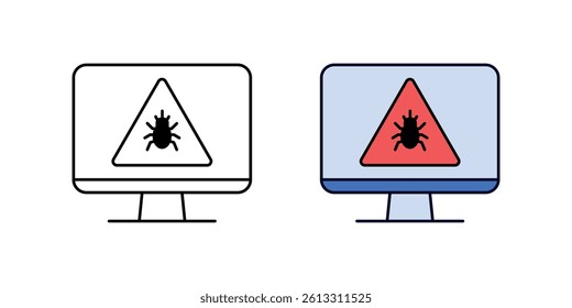 Virus warning triangle icon on monitor in outline and color style. Represents malware alert, system infection, or cyber threat warning.