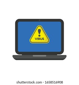 virus - yellow triangle sign on laptop screen. isolated on white background