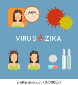 Virus zika vector illustration. Mosquito infected with zika virus, infects a girl. Epidemic of zika virus. Risk of Contracting zika virus vector illustration. 