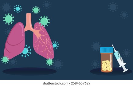 Viruses attacking lungs, with vaccine and pills representing respiratory disease treatment