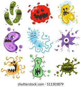 Viruses and bacteria cartoon character set. Biological germ and infections isolated on a white background. Microbe, pathogen vector icons.