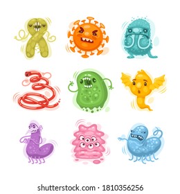 Personajes de dibujos animados de virus y bacterias preparados para el diseño infográfico de pandemias de salud. Aislado en fondo blanco. Recortes incluidos.