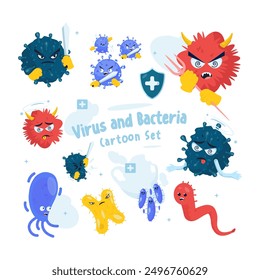 Viruses and bacteria cartoon set, Flat design medical virus bacteria character element set, Vector illustration