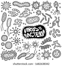 Viruses and Bacteria doodle drawing collection. Microorganism such as viruses, bacteria, etc are included. Hand drawn vector doodle illustrations isolated over white background.