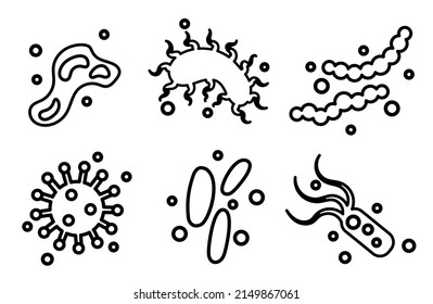 Viruses and Bacteria doodle drawing collection. Microorganism and Virus vector illustration, line icon set. Vector illustration isolated. Design elements for medicine and healthcare, biology, science