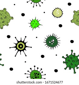 Viruses and bacteria doodle green pattern. Seamless backdrop. Microbiology vector bacterial cells on transparent background.