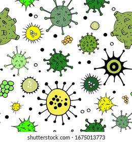 Viruses and bacteria doodle green pattern. Seamless backdrop. Microbiology vector bacterial cells on transparent background.