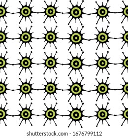 Viruses and bacteria doodle green pattern. Seamless backdrop. Microbiology vector bacterial cells on transparent background.
