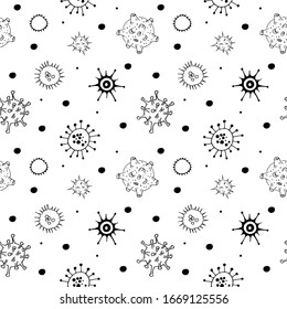 Viruses and bacteria doodle pattern. Seamless backdrop. Microbiology vector bacterial cells on transparent background.