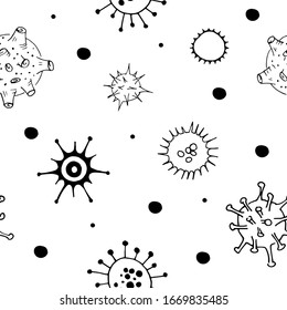 Viruses and bacteria doodle pattern. Seamless backdrop. Microbiology vector bacterial cells on transparent background.