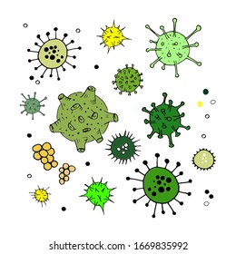 Conjunto de doodles de virus y bacterias. Íconos verdes de color simple aislados en blanco. Células bacterianas vectoriales de microbiología aisladas. Colección de ilustración de caricaturas dibujadas a mano.