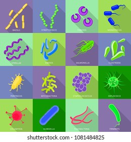 Viruses and bacteria icons set. Flat illustration of 16 viruses and bacteria vector icons for web