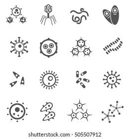 viruses and bacteria icons set. microorganisms, simple symbols collection. isolated vector monochrome illustration.
