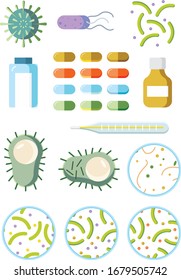 Viruses, bacteria, medicine and a thermometer vector