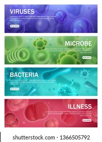 Viruses, bacteria and microbe medical viral disease banners. Vector bacterial infection pathogens and cells, microbiology science and infectious clinic test for viral illness prevention