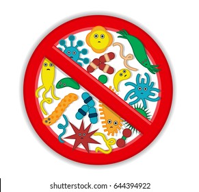 Viruses, bacteria and microbes are crossed out in a red prohibitory sign