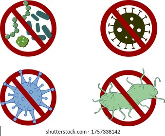 Virus y bacterias en el signo rojo prohibitivo. Sobre un fondo blanco aislado. Pandemia, riesgo biológico. COVID-19. Vector ilustrado.