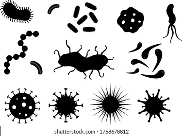 Viruses and bacteria On a white background. Pandemic, biohazard. COVID-19. Black silhouettes. Vector illustrate.