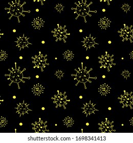 Viruses and bacteria pattern. Seamless backdrop. Yellow hand drawn illustrations. Microbiology vector bacterial cells on black background.