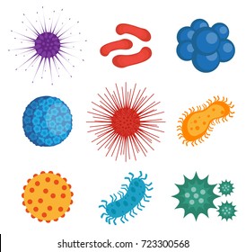 Virus y conjunto de bacterias de iconos, estilo plano. Elementos de diseño de la colección de infecciones de parásitos, aislados en fondo blanco. Medicina, concepto de enfermedades. Ilustración del vector