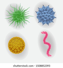 Viruses bacteria set. Microscopic cell illness.