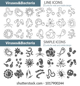 Viruses and bacteria simple and line icons set