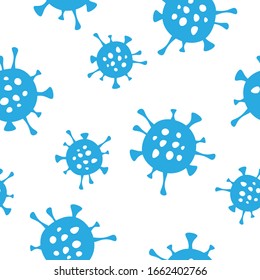 Viruses, bacteria vector pattern background. Seamless blue texture with bacterias, Chinese virus.