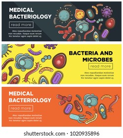 Viruses and bacteria web banners flat vector design for medical healthcare and biology or bacteriology science
