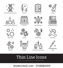 Viruses, Bacterial Infection, Biotechnology, Medical Laboratory Thin Line Icons. Vector Set Of High Tech Medicine Science. Virology Study, Microbiology Assay, Genetics Pictograms. Editable Stroke.