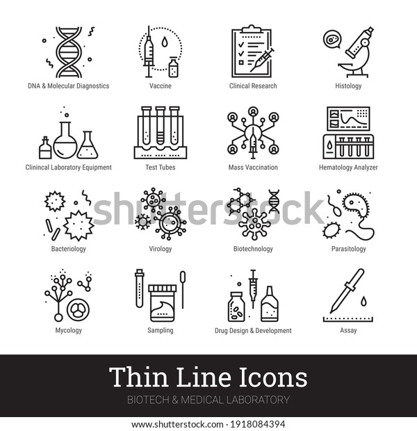 Viruses, bacterial infection, biotechnology,\
medical laboratory thin line icons. Vector set of high tech\
medicine science. Virology study, microbiology assay, genetics\
pictograms. Editable\
stroke.