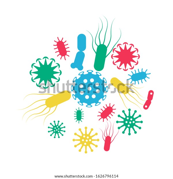 Viruses bacterial infection or ilness.\
Pathogenic viruses causing infection in organism. Viral disease\
outbreak. Set different microorganisms. Epidemic of influenza and\
pneumonia. Vector\
illustration.