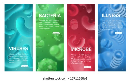 Viruses, bacterias, microbes and germs of infectious disease vector banners. 3d cells of harmful microorganisms and pathogens. Healthcare, microbiology science, epidemiology and infectiology medicine